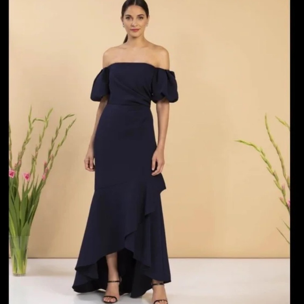 Shoshanna Alpida Off The Shoulder Midnight Navy Blue Crepe Flounce Gown